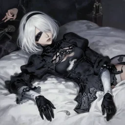 a woman with white hair and black gloves laying on a bed, a photorealistic painting by jin homura, tumblr, transgressive art, photo, anime, goth, nier automata aesthetic