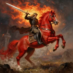 the second horseman of the apocalypse riding a red stallion, horse is up on it's hindlegs, the rider looks carries a large sword, flames, artwork by artgerm and rutkowski, breathtaking, dramatic