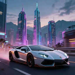 epic professional digital art of photorealistic synthwave lamborghini driving in foreground, neon cyberpunk metro towers in midground, ountains in background