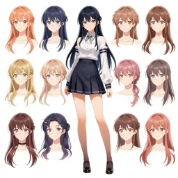 character sheet of female anime hairstyles, pixiv, artstation, official art, full body, concept art