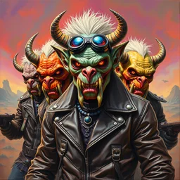 portrait of a scifi apocalyptic demonic orcish goblin biker gang by michael whelan, characters in cool poses, group photo, psychedelic vibrant colors, futuristic punk rock fashion, oil painting by michael whelan art, sharp focus, realistic, biker goggles, 8 0 s hair, studded leather jacket, 8 k