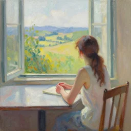 oil painting, pastel colours, a woman sitting by the table watching the landscape through the window