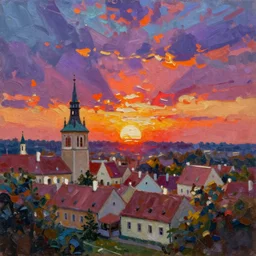 an impasto oil painting of a stunning, colorful sunset over ratisbona painted by ken hong leung