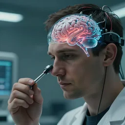 vfx film closeup, man in laboratory copying his brain into digital ai glass robot brain, eeg wired futuristic advanced technology, flat color profile low - key lighting award winning photography arri alexa cinematography, hyper real photorealistic cinematic beautiful natural skin, famous face, atmospheric cool colorgrade