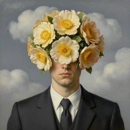 portrait of a faceless beautiful flowers as head, man in a suit, clouds in the background, by rene magritte, detailed painting, distance, centered, hd, hq, high resolution, high detail, 4 k, 8 k