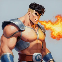 greg manchess portrait painting of partially armored zangief from street fighter spitting fire as overwatch character, medium shot, asymmetrical, profile picture, organic painting, sunny day, matte painting, bold shapes, hard edges, street art, trending on artstation, by huang guangjian and gil elvgren and gerald brom