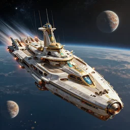 a massive futuristic dieselpunk egyptian war ship evolved to become a spaceship with futuristic thrusters in the back traveling through space, planets in the background by john.