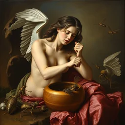 a painting of pandora opening her jar, releasing insects and critters that impersonate sickness and death, personification of misery in the style of realism and artemisia gentileschi