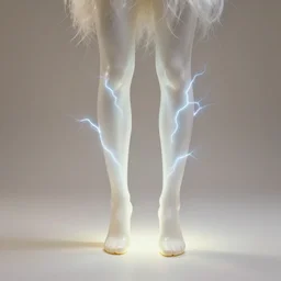 realistic photo of a a white resin latex legs with dressed in electric hairs, front view, empty soft glowing space, emitting electric tesla aura radiation 1 9 6 0, life magazine photo, natural colors, metropolitan museum, kodak, 8 k, very detailed, high resolution, product photo,