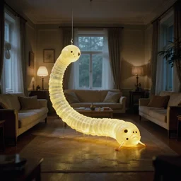 the floating worm in the living room, made of glowing wax, film still from the movie directed by denis villeneuve and david cronenberg with art direction by zdzisław beksinski, wide lens