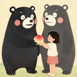a young smiling girl gives a peach to a really large anthropomorphic asian black bear, in the style of foujita tsuguharu