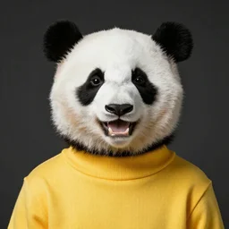 happy panda wearing a yellow turtleneck, studio, portrait, facing camera, studio, dark bg