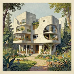a photo of a concept architecture art house solarpunk in the garden, style brutalism, extremely detailed, sharp focus, wide view, detailed rought paper, digital illustration, colorfull, by william turner art, by alphonse mucha
