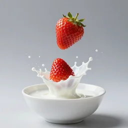 studio fruit stage photography macro high definition staged lighting of strawberry ’ s falling into a white porcelain bowl of milk high speed photography award winning