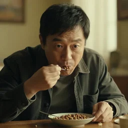 an male eating beans, cinematic shot,