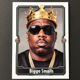 trading card featuring portrait of notorious big, wearing crown and sunglasses, with symmetrical attributes, biggie smalls rap music trading card, style of rembrandt