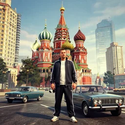 cinematic photo gta 5, moscow, man in adidas tracksuit, churches, buildings, road, moskvich, rtx, volumetric light, 3 d artist, art by crewdson gregory and artgerm and reflections, moscow, soviet apartment buildings, guns, 1 9 6 0, award winning, artstation, intricate details, realistic, hyperdetailed, 8 k resolution