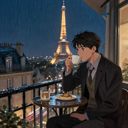 gentleman drinking coffee at balcony in france, city with eiffel tower seen behind, night raining, detailed characters, by greg rutkowski, alphonse mucha, beeple, sharp focus, digital art, smooth, light refraction, pixiv art, volumetric lighting, makoto shinkai