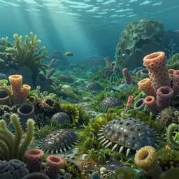 cambrian era underwater view, algae, sea sponges, many visible trilobites and anomalocaris, artstation, illustration, 8 k, artstation, makoto shinkai, gediminas pranckevicius, soft, cinematic, octane render, realistic, very detailed