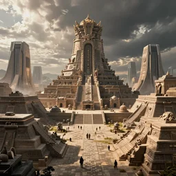 aztec futuristic town, hyper realistic, art by mike winkelmann