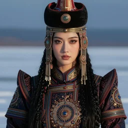 beautiful portrait of a sexy mongolian queen goddess in a sensual pose, elegant face, symmetry, centered face, atmospheric lighting, intricate, volumetric lighting, beautiful, rich deep colours masterpiece, sharp focus, ultra detailed, in the art style of bowater, charlie, dittmann, anna, with lake baikal in the background