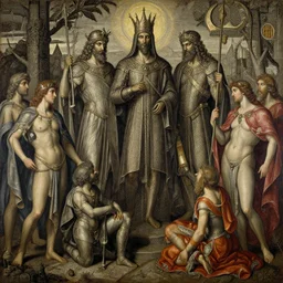 disasterpiece Peloponnese war Gods watching above, by Edgar Maxence and Ross Tran and Michael Whelan and baroque gothic medieval oil painting, intricate line drawings, by Edgar Maxence and Ross Tran and Michael Whelan, 4k resolution