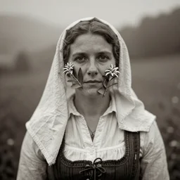 portrait photography tyrolean female farmer, leaves and edelweiss growing from face, hay cloths, desaturated, fog, 1. 2 f, 3 5 mm, dark, 1 9 2 0 s ghost photography