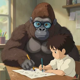 friendly smart gorilla with glasses and casual clothes helping a kid doing math, natural lighting, digital art, hyper detailed, by hayao miyazaki