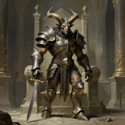 A spiked horned semiork-semihuman with armored joints stands in a large throne room with sword in hand. Massive shoulderplates. Realistic, fantasy art, solo, masterpiece, art by Zdzisław Beksiński, Arthur Rackham, Dariusz Zawadzki