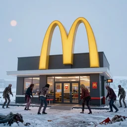 a highly detailed cinematic photograph of a mc donalds restaurant completely isolated on the north pole in the mist, some zombies want to eat, ultra realistic, depth, beautiful lighting, by annie leibovitz, hasselblad, 1 0 0 mm, bokeh, photorealistic, hyperrealistic, octane, masterpiece