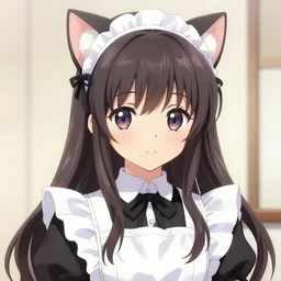 Japanese manga style, adorable victorian maid anime girl with long hair and cat ears on top of head, blue tones, by Kurahana Chinatsu