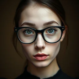 a portrait photograph of a nerdy young woman with big glasses and a black dress, dof, sharp focus, highly detailed face, symmetric face, realistic iris, cinestill 8 0 0 t, photography by paolo roversi