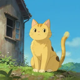 golden cat with a black spot on her trunk, an old house with a window over a hill, blue sky, trending on artstation, trending on deviantart, by studio ghibli