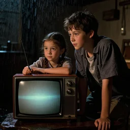 lowlight photography of boy and girl watching old tv in dark raining room