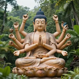 a dreamy image of the one thousand arm buddha of compassion meditating in a lush jurassic landscape, 4 k, hyper realistic, in he style of national geographic, coherent design, symmetrical, vivid colour, complementary colour, golden ratio, detailed, sharp lines, intricate, rainbow shift, in unreal 3 d engine, ray tracing, octane render