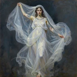 loose painting of a powerful, cool, beautiful, veiled, girl covered in tattoos and translucent, flowing, greek dress, endless flowing ethereal drapery, classical greece, alla prima, oil painting, by giovanni strazza, sargent and raffaelo monti, arranged in the golden ratio, powerful pose, epic composition, face fully visible, trending in artstation