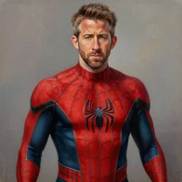 realistic. hyperdetailed. photorealistic. oil painting. ryan reynolds. red and black spider - man suit. by steve ditko