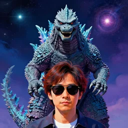 a portrait of godzilla with sunglasses in front of the camera by beeple and james jean, aya takano color style, 8 k, super detailed, night sky, digital art, digital painting, celestial, majestic, colorful, front
