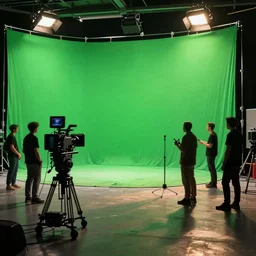 photo of a movie set with a big bright green screen, film crew, actors, cameras, studio, movie set, realistic, studio lighting