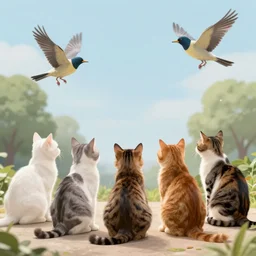 five cats watching at bird