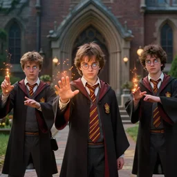 sharp, highly detailed, from a 2 0 1 9 sci fi 8 k movie, set in 1 8 5 0 in an alternate universe, mid distance shot of three students practicing magic, outside the school of magic, magic special effects, wearing 1 8 5 0 s clothes, atmospheric lighting, in focus, reflective eyes, 3 5 mm macro lens, live action, nice composition