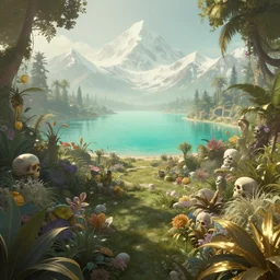 a retrowave 8 0 s style artwork of a paradise garden, a land of the dead, divine, hazy, volumetric lighting, snowy summits in the background, vast turquoise lake, lush flora, empty, spacetime bending, very detailed, serene, gold accents, washed out colors, beautiful artwork, master level composition, raytracing