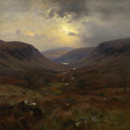 a beautiful oil painting of a Scottish Highland landscape, evening light, by Albert Bierstadt, beautiful light, detailed, dramatic