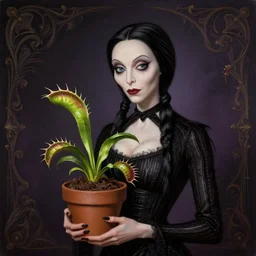 beautiful cottagecore goth Morticia Addams from The Addams Family (1964) holding a potted venus flytrap plant, intricate, elegant, highly detailed, digital painting, artstation, concept art, smooth, sharp, focus, illustration, art by artgerm and greg rutkowski and alphonse mucha