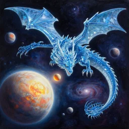 prompt crystalline blue dragon in space, devouring a planet, moons, planets, sun system, nebula, oil painting, by Fernanda Suarez and and Edgar Maxence and greg rutkowski