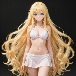 a very beautiful young anime girl with 2 0 meters extremely long blond hair, full body, extremely long wavy 2 0 meters long blond hair, sky blue eyes, full round face,, bikini, miniskirt, front shot, extremely long thick blond hair, highly detailed, cinematic wallpaper by stanley artgerm lau