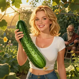 Jenna Jameson holding a cucumber in a garden, golden hour, artstation, by J. C. Leyendecker and Peter Paul Rubens,
