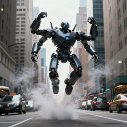 VFX movie of a flying dark futuristic robot hero with 6 arms levitating on New York street, steam vent, by Emmanuel Lubezki