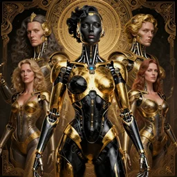 vibrant portrait of beautiful black onyx and gold cyborg woman by sandra chevrier, laurie greasley, gustave dore, ron english, cybernetics, low contrast, cinematic dramatic lighting, hyper realistic detailed intricate render, hypermaximalist, ornate, epic composition, 4 k 8 k, cryengine octane, sharp focus, concept art, masterpiece