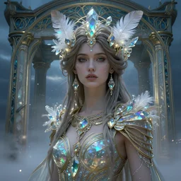 ancient greek and gypsy and druid culture crossover, female, ecopunk art nouveau architecture, iridescent and opalescent, twilight, refractive crystal, elegant, feather hair ornaments, highly detailed, digital painting, glowing particles, misty, cinematic lighting, smooth, sharp focus, art by nixeu, by wlop, by alphonse mucha.
